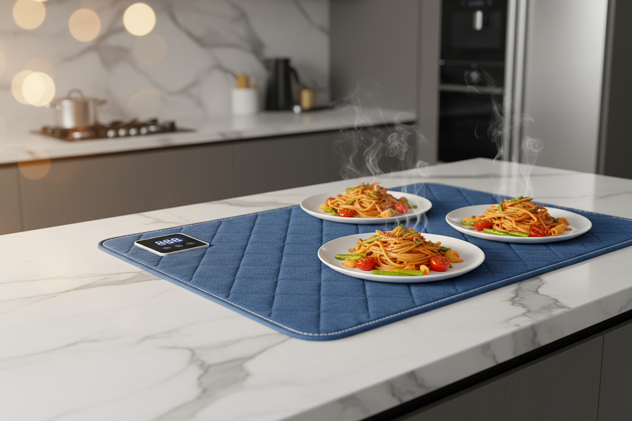 Modern kitchen hero
“Blue electric food-warming mat with stitched white border and left-side digital controller (888 display), on marble island; white plates of pasta + veggies on top, gentle steam rising; premium minimal kitchen bokeh; soft warm side lighting; photoreal; copy space on left. --ar 2:1
Negative: text, watermark, tangled cables, hands”