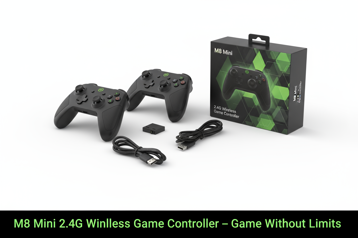 Prompt for Image Generator (Shopify Description Visual)
Create a clean, modern Shopify product description image featuring two black wireless game controllers, a USB receiver, and connection cables arranged neatly beside their green-black retail box packaging.
Use a bright white background with soft shadows for a realistic studio look.
Add a short, bold headline text overlay near the top or bottom that reads:
“M8 Mini 2.4G Wireless Game Controller – Game Without Limits”
Style the text in sleek black and neo